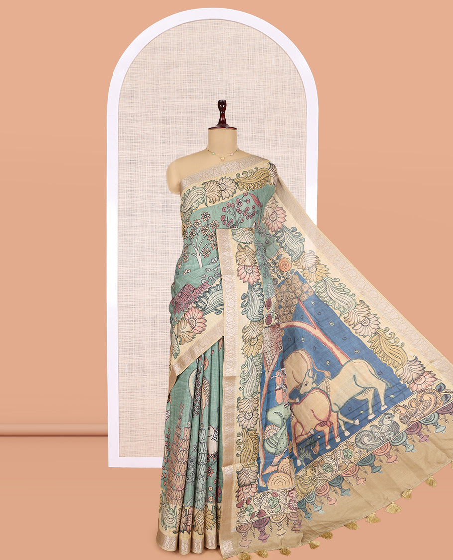 Green Kalamkari Printed Fancy Tussar Saree