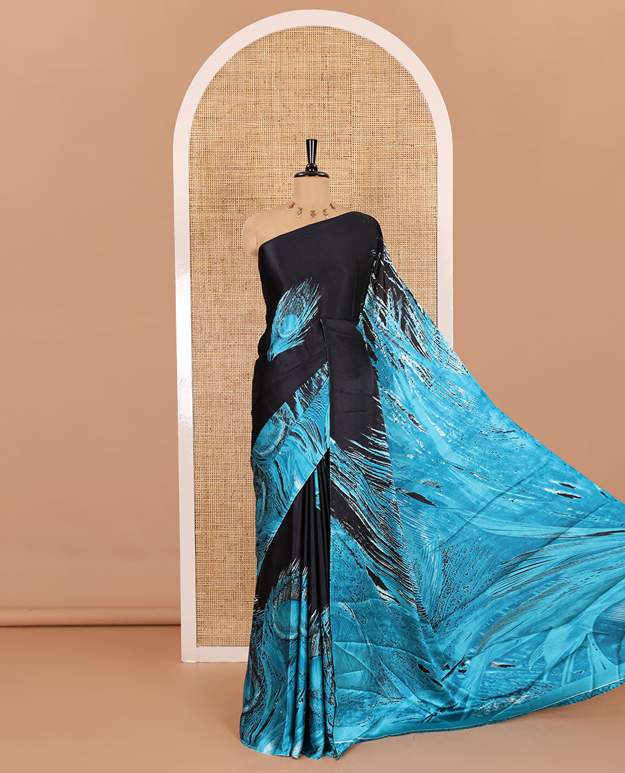 Borderless black and blue peacock feathers style abstract printed Gajji silk saree, peacock feathers printed pallu, and a contrast printed blouse