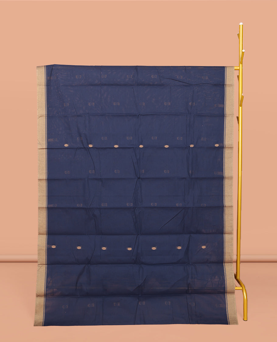 Navy Blue Kanchi Cotton Saree, Ornamented with Buttas All Over Its Body, Complemented by a Contrast Border, Pallu of Intricate Design, and Paired with a Matching Blouse