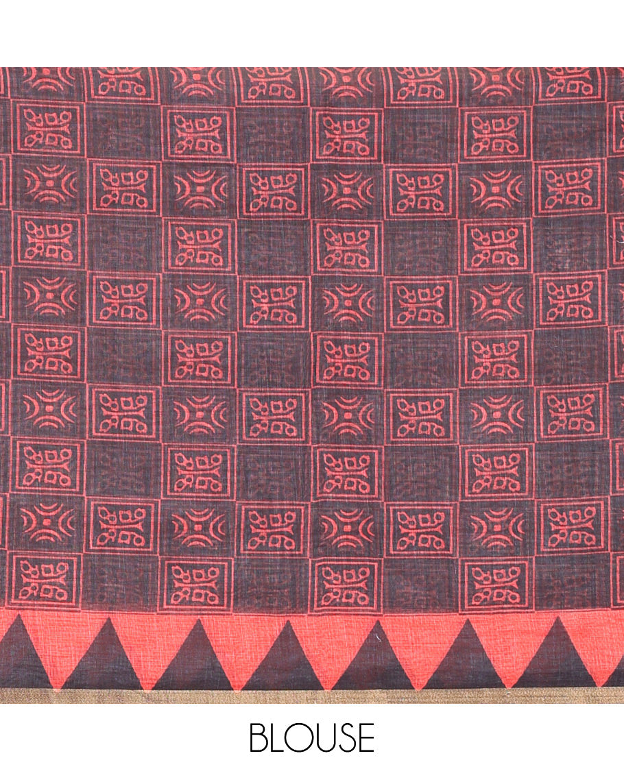 Red vertical stripes printed linen cotton saree, a temple-printed border, big polka dot printed pallu, and a printed blouse