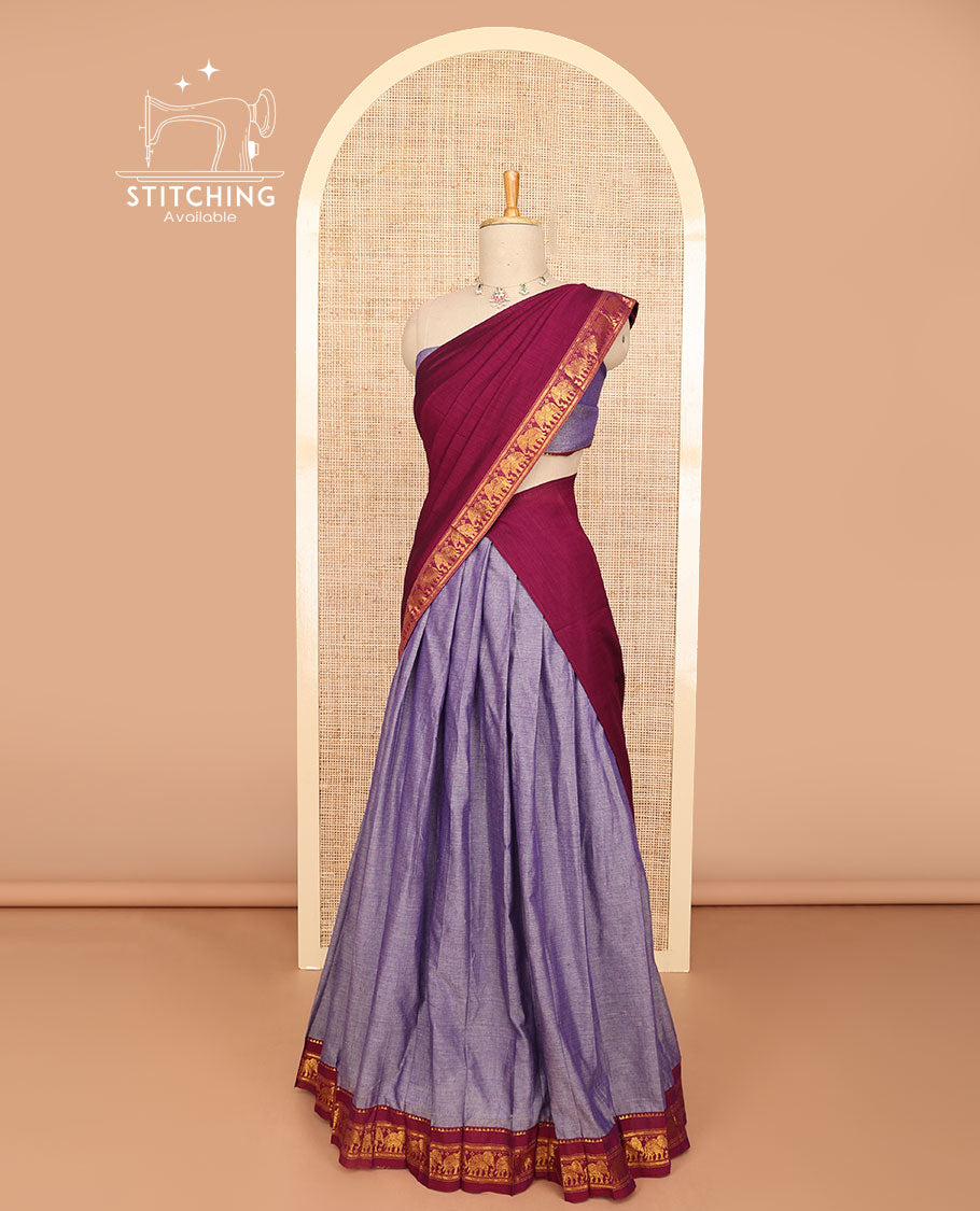 Lavender half saree with contrast elephant design borde, zari design blouse & plain, elephant design border dhavani