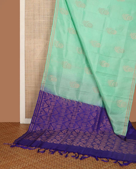Sea green floral design uppada saree with self zari border & paisley design pallu