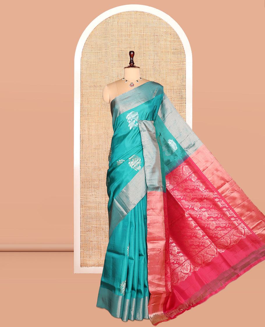 Blue Semi Uppada Saree, Highlighted with Zari Buttas, a Bavanji Border, Contrast Floral Pallu, and a Contrast Blouse