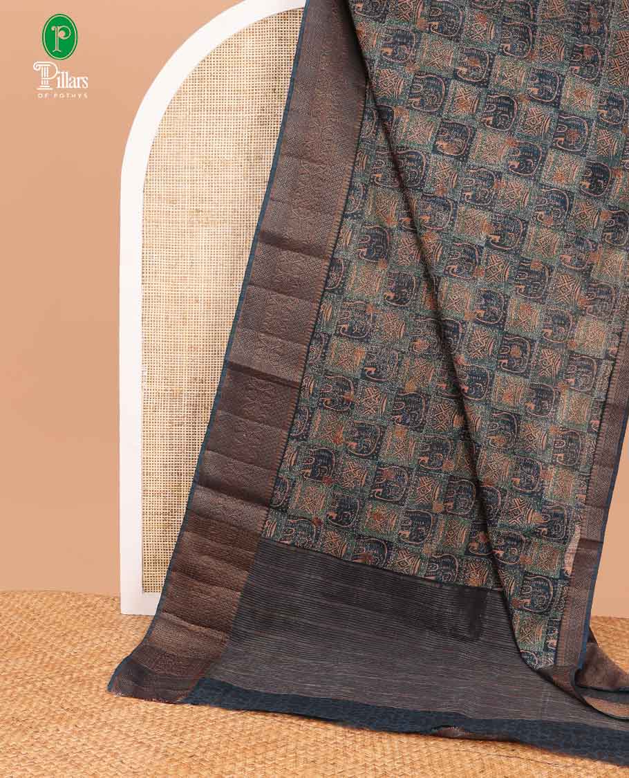 Peacock blue screen print linen saree with zari border & chit pallu along with brocade blouse