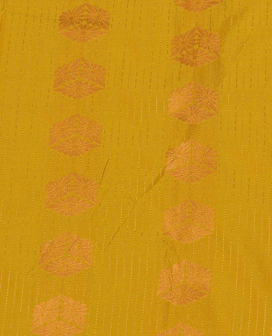 Yellow Art Silk Pavadai Material Set Featuring Zari Buttas Skirt, Complemented by a Contrast Traditional Zari Design Border, and Paired with a Contrast Blouse