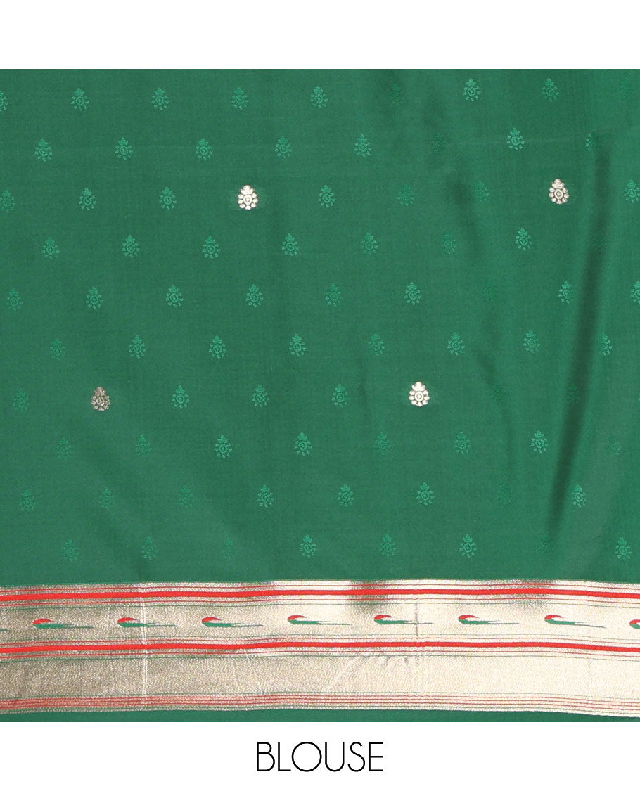 Bottle green floral buttas art silk paithani saree, contrast floral, bird, and muniya border, pallu of floral and bird designs and a matching blouse