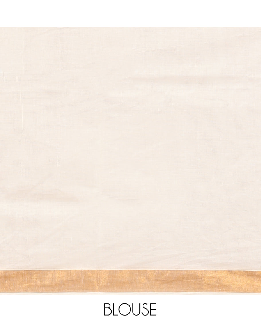 Cream Kerala Cotton Saree, Enriched with Zari Stripes All Over Its Body, a Subtle Bavanji Border, Pallu Features Peacock Designs, and Paired with a Matching Blouse