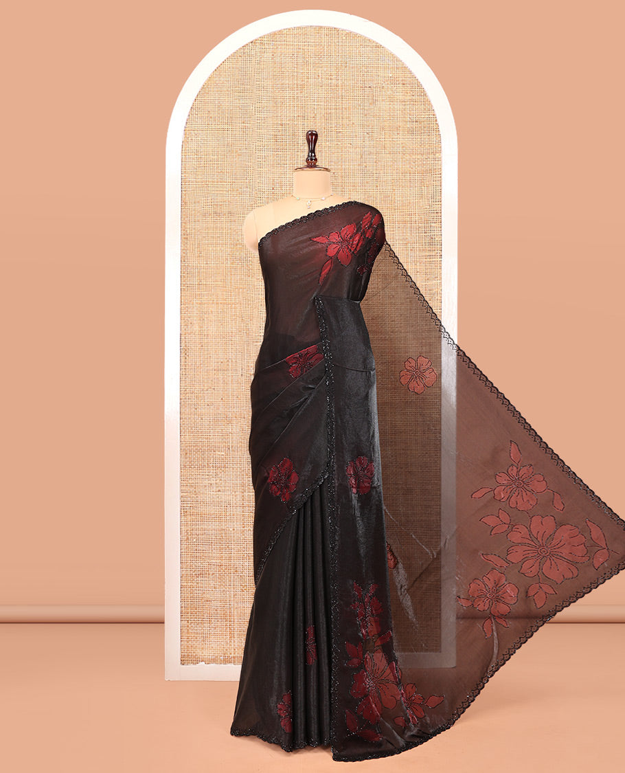 Black Designer Saree, Decorated with Floral Print and Outline Stone Embroidery On Its Body, and Paired with a Matching Blouse