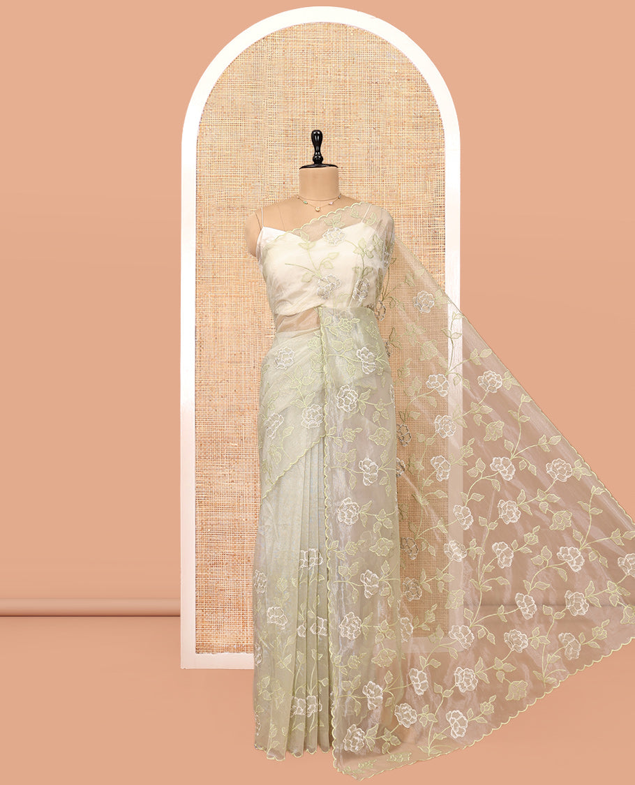Pale Green Organza Saree, Delicately Woven with Floral Vine Embroidery, a Scallop Border, and a Matching Blouse