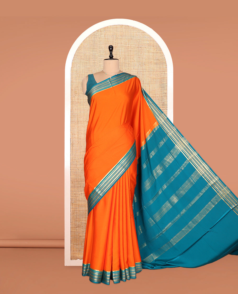 Orange Plain Mysore Silk Saree, Complemented by a Contrast Traditional Zari Border, Zari Striped Pallu, and a Contrast Blouse