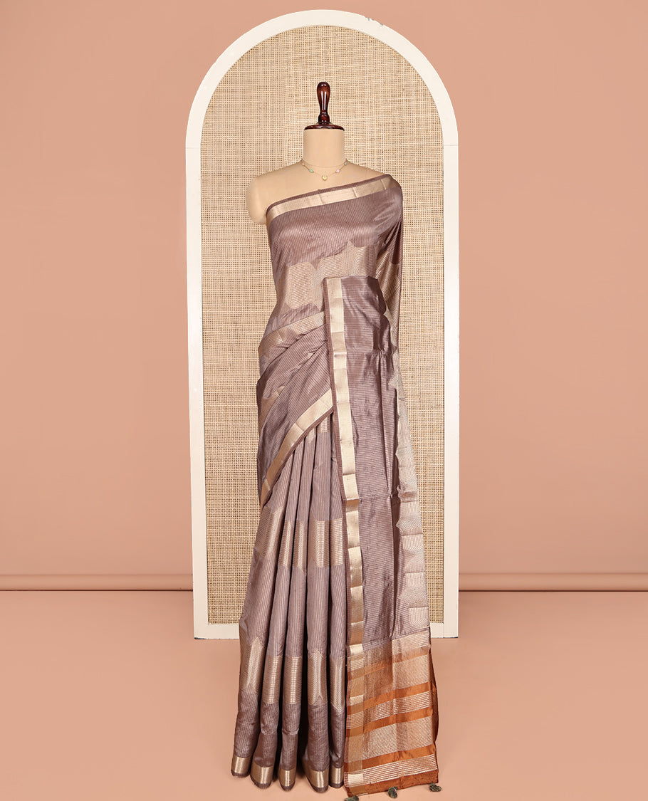 Brown Dupion Silk Saree, Boldly Accentuated with Zig-Zag Stripes, Highlighted by Zari Border, Complemented by a Contrast Zari Striped Pallu, and a Contrast Blouse