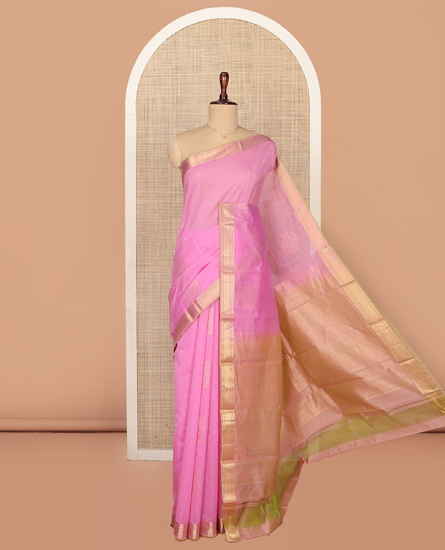 Pink Silk Cotton Saree, Sparsely Woven with Geometric Buttas All Over Its Body, Highlighted by Traditional Zari Designs Woven Border, Intricately Designed Pallu and Paired with a Matching Blouse