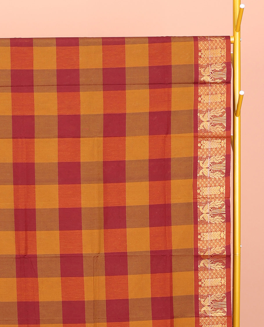 Orange-Red Chettinad Cotton Saree, Accentuated with Macro-Checks, Highlighted by Peacock Motifs Zari Border, Pallu of Stripes, and No Blouse
