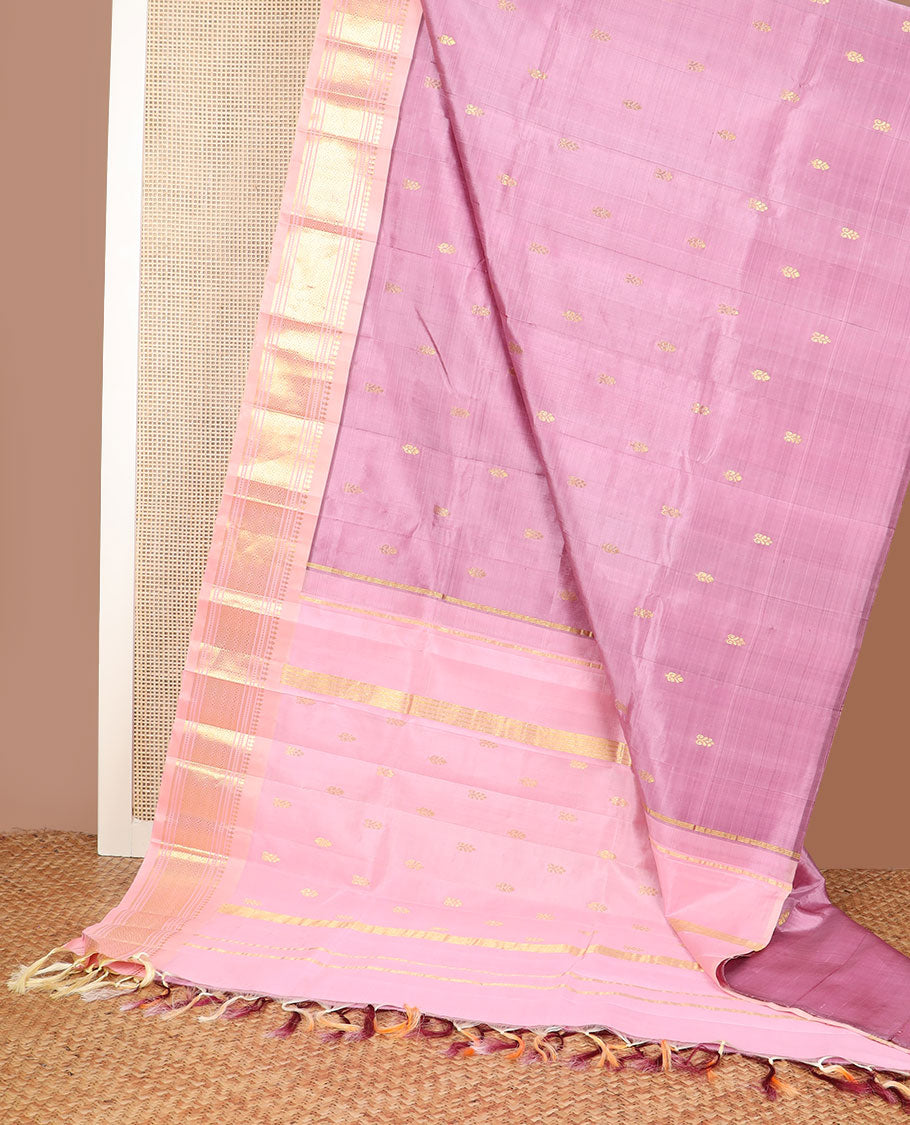 Pink zari buttas kanchipuram silk saree, contrast one-sided border of paneer sombu,banaras,muthu & jaal design & zari design pallu