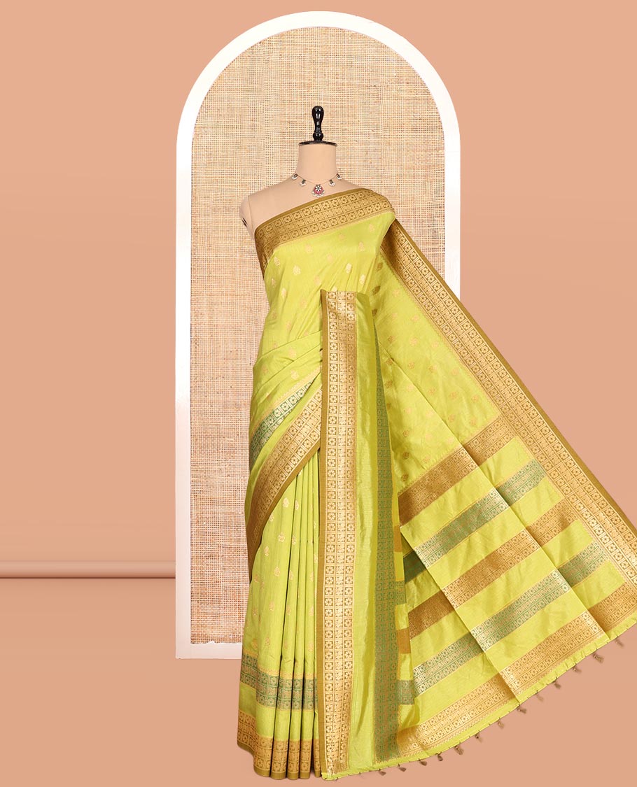 Parrot Green Fancy Raw Silk Saree, Subtly Woven with Buttas, Peacock-Flower Traditional Border, and a Matching Blouse