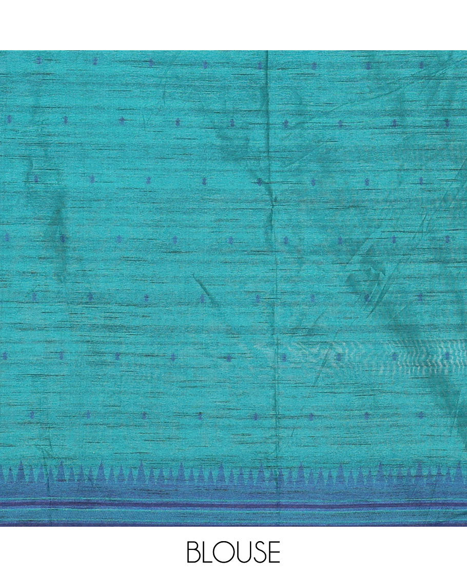 Navy blue buttas semi-jute saree with contrast temple border, thread striped pallu, and a contrast thread buttas blouse