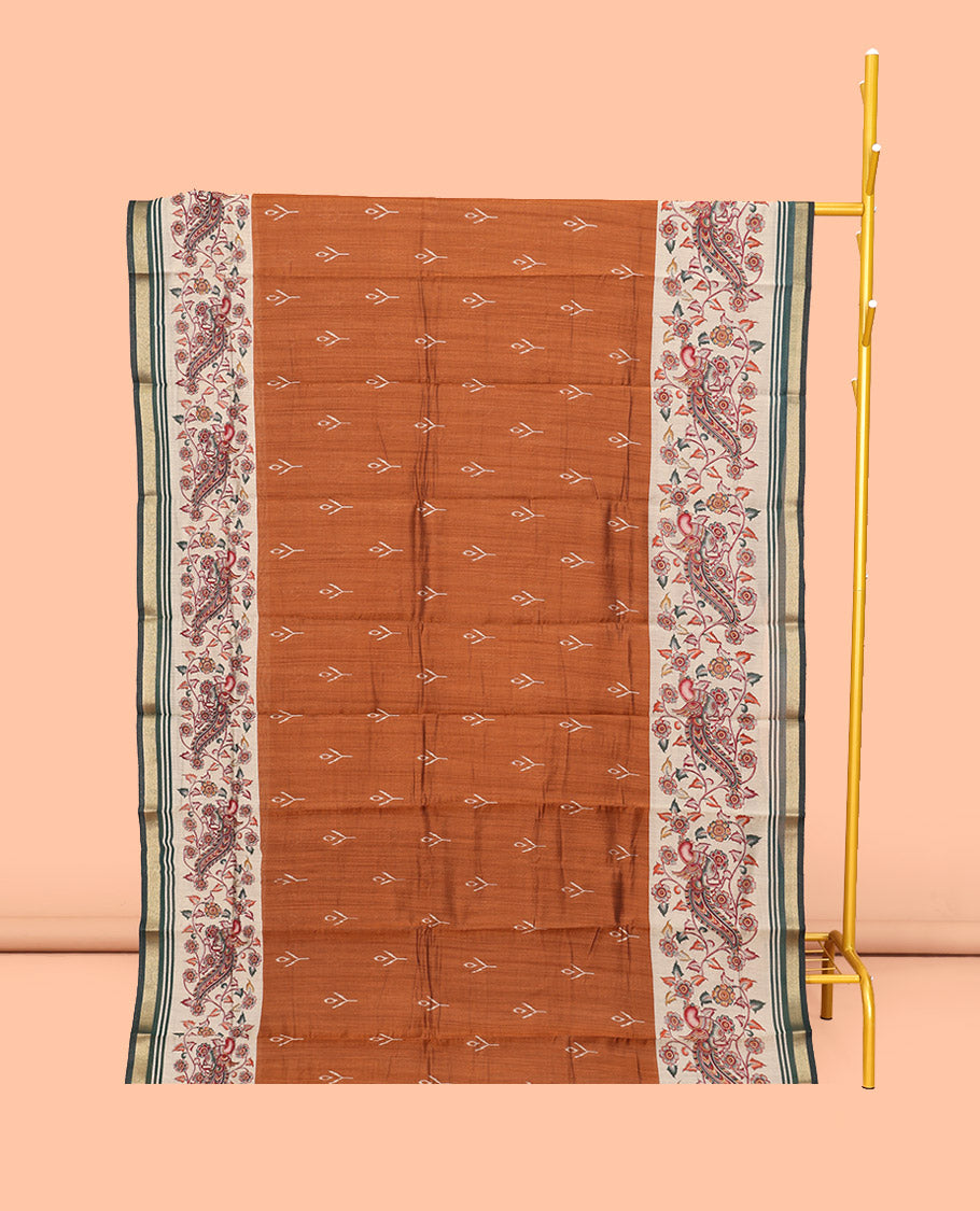 Brown Mul Mul Cotton Saree, Detailed with Ikat Buttas, Contrast Kalamkari Floral-Peacock Border, Kalamkari Printed Pallu, and a Contrast Blouse