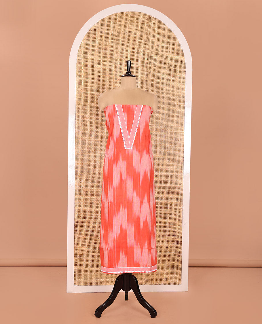 Tomota Red Material Chudidhar Set Featuring Delicately Ikkat Woven Handloom Cotton Top, Plain Cotton Bottom, and Handloom Cotton Ikkat Textured Dupatta