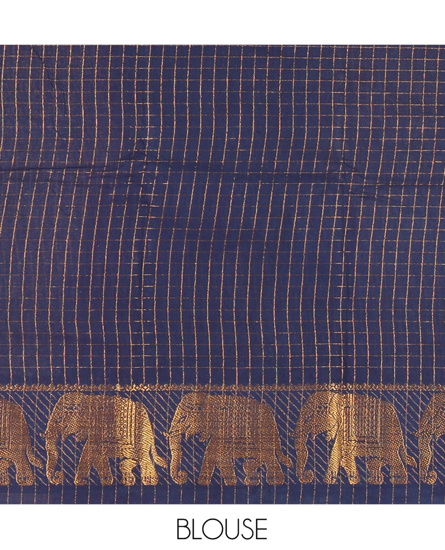 Navy Blue Checked Sungudi Cotton Saree, an Elephant Zari Border, and a Matching Blouse
