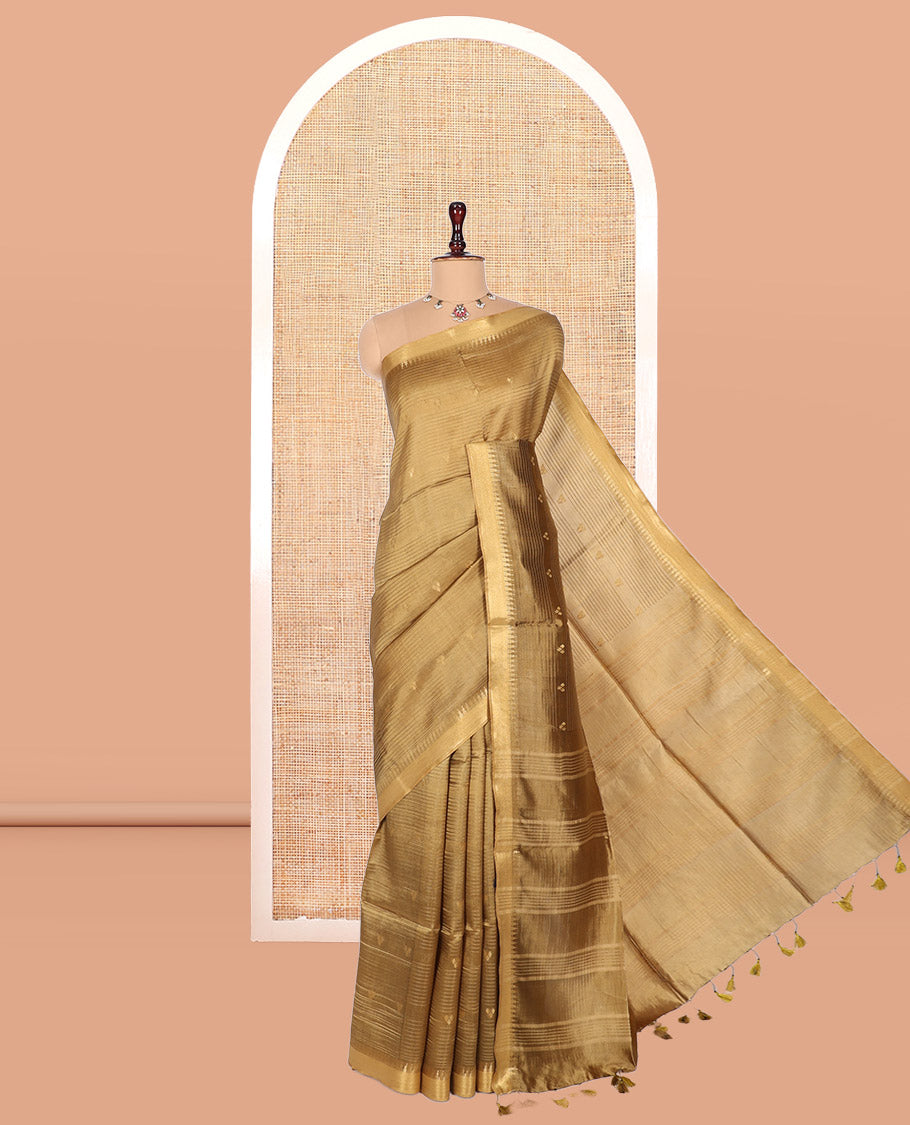 Sandal Banana Pith Saree, Sparsely Threaded with Buttas and Stripes, a Zari Temple Border, Striped Pallu, and Matching Blouse