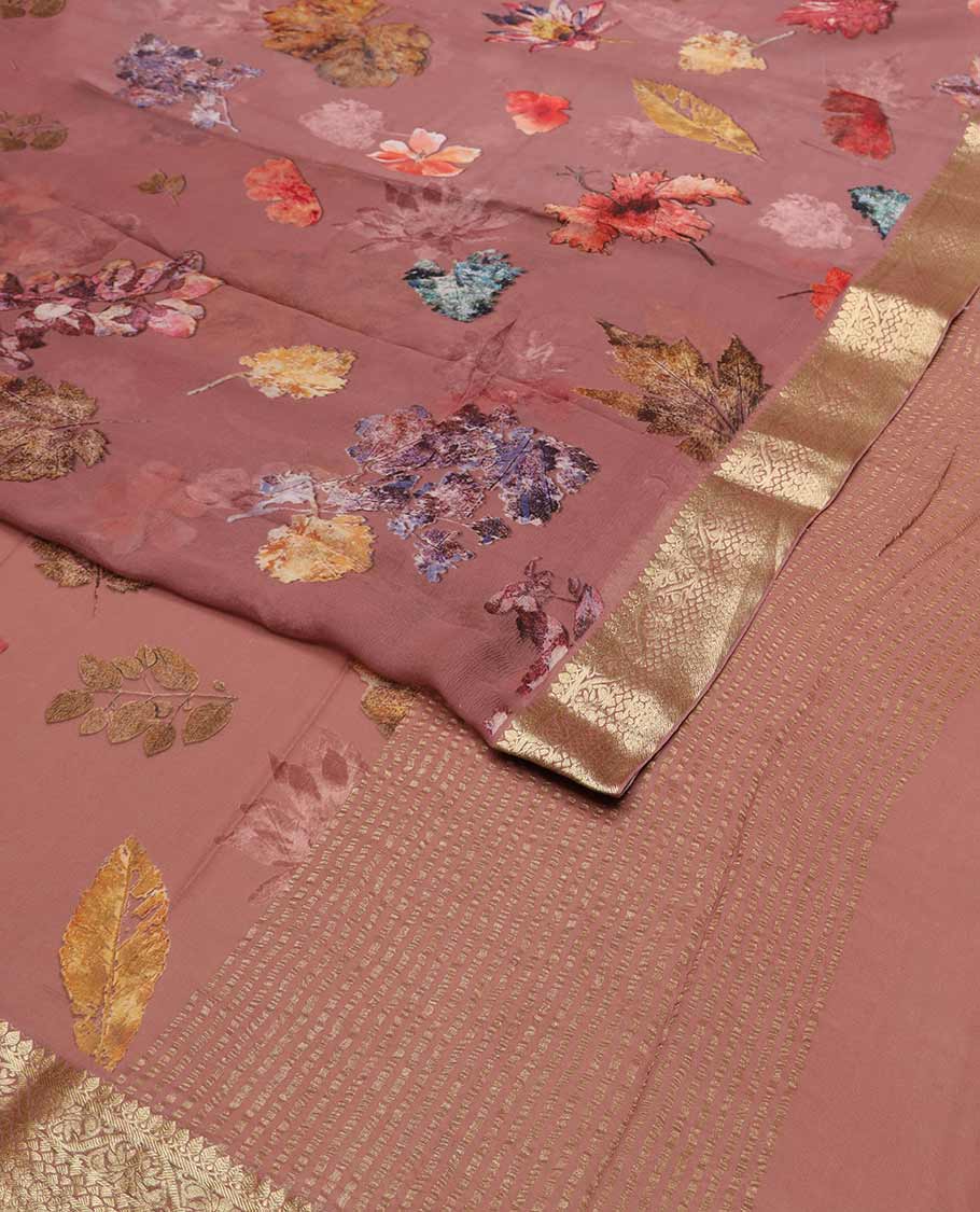 Brown floral design chiffon saree with self zari design border & striped pallu