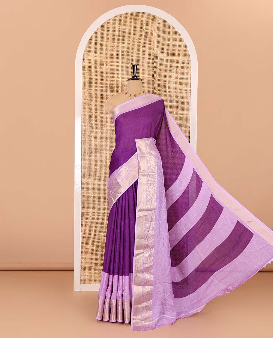 Purple embossed moss chiffon saree, contrast embossed with traditional zari border, jaal pallu, and a contrast blouse