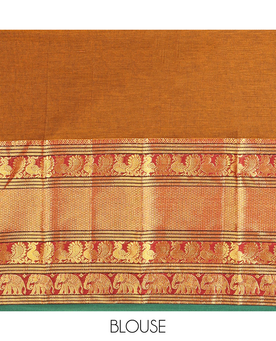 Mustard Plain Mercerised Cotton Saree, Complemented by a Contrast Traditional Border of Peacock, Elephant, and Peacock Eye Designs, Striped Pallu, and Paired with a Matching Blouse