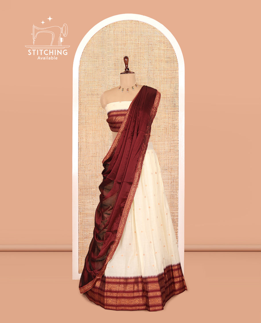 Sandal-Maroon Banaras Kota Half-Saree, Zari Buttas Skirt, Contrast Traditional Border, Matching Blouse, Contrast Dhavani