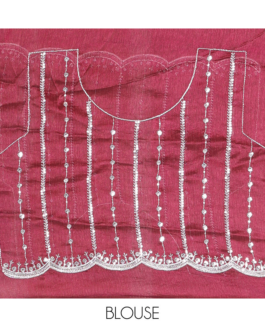 Purple Fendy Chiffon Saree Highlighted with Sequins and Thread Stripes Embroidery, Scallop Embroidered Border, Elegantly Embroidered Pallu, and Paired with a Matching Blouse