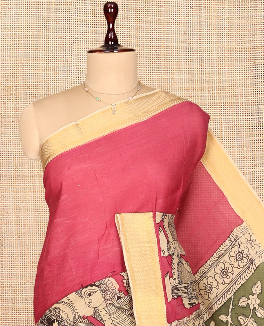 Red Kalamkari Silk Saree, Gracefully Embellished with Ancient Human Motifs Print, a Contrast Traditional Zari Border, Pallu Features God and Goddess Designs, and a Contrast Blouse