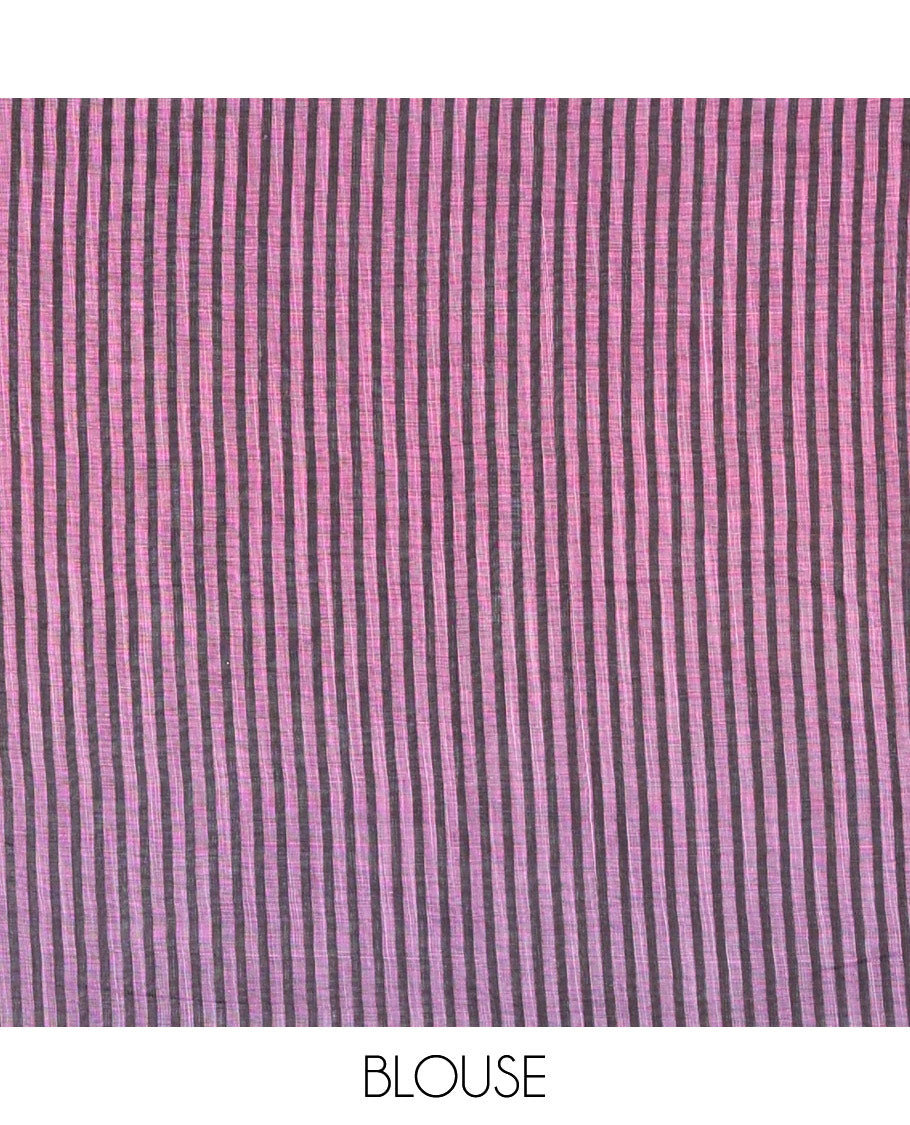 Borderless Baby Pink Linen Cotton Saree Enthralled with Nature-Theme Print Featuring the Sun, Trees, and Birds All Over the Saree, Paired with a Striped Blouse