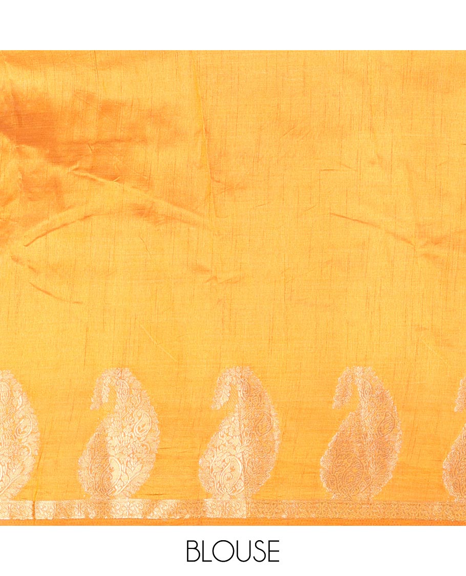 Mustard Plain Semi-Tussar Saree Artfully Detailed with a Self Border Featuring Floral and Paisley Zari Weave, Adorned with a Zari-Striped Pallu, Paired with a Matching Zari-Woven Blouse