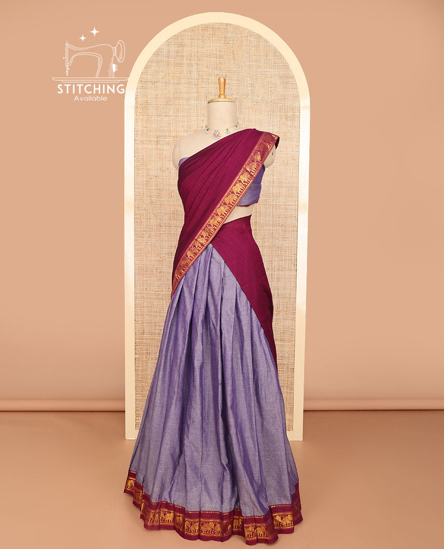 Lavender half saree with contrast elephant design borde, zari design blouse & plain, elephant design border dhavani