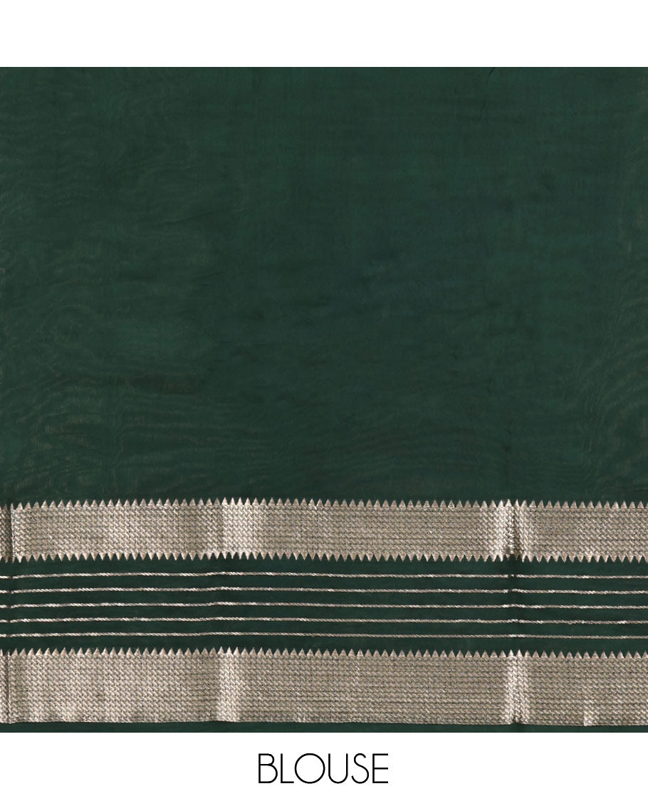 Pista Green Plain Assam Silk Saree, Complemented by a Contrast Traditional Zari Border, Zari-Striped Pallu, and a Contrast Blouse