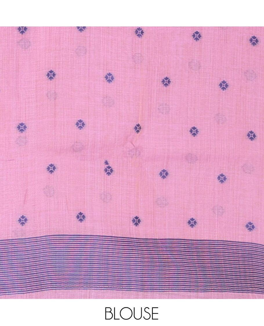 Lavender Munga Cotton Saree, Beautified with Floral Buttas, a Contrast Floral-Bird Printed Border, and a Matching Blouse