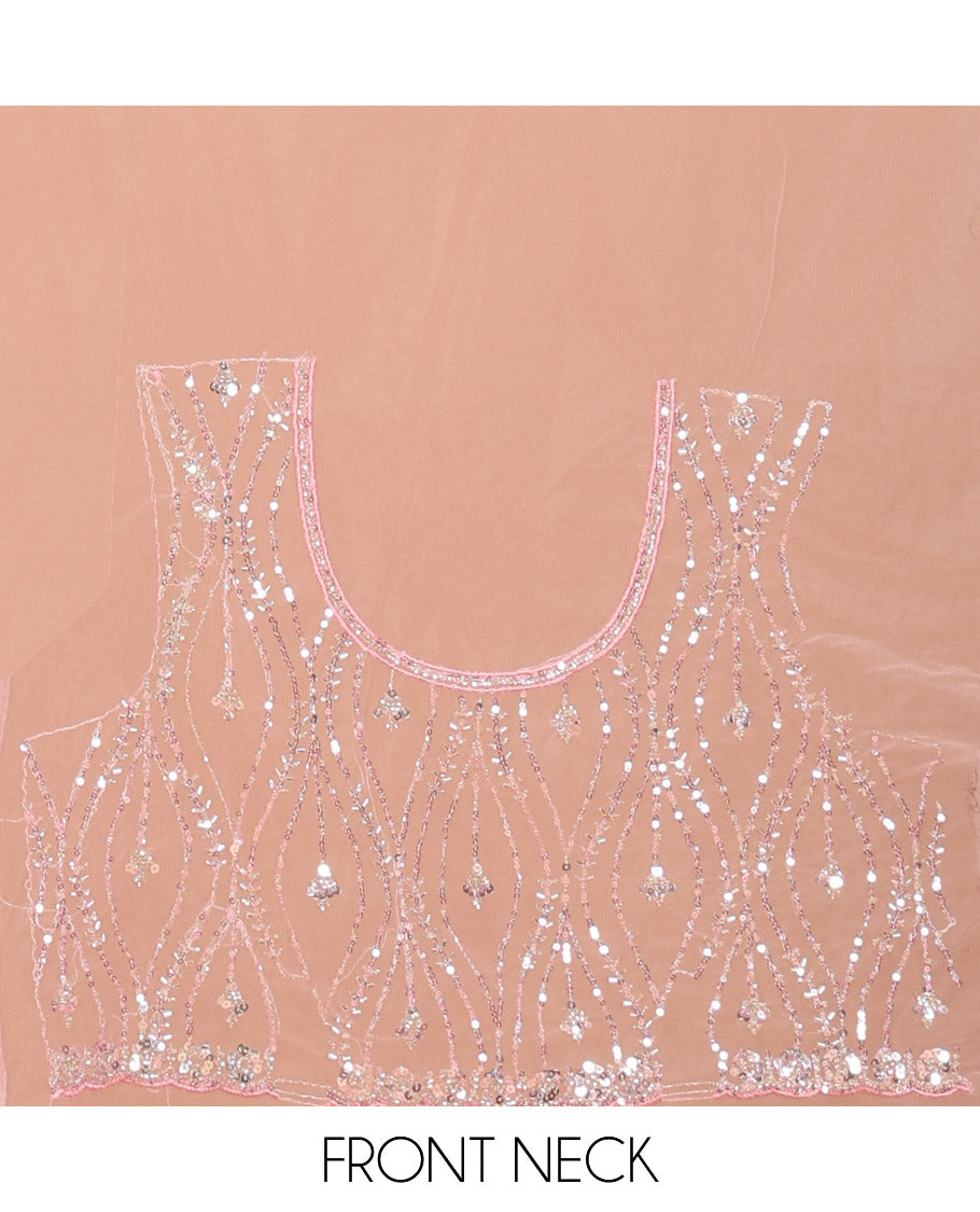 Pink Net Saree, Prettified with Ogee Sequins Embroidery, a Scalloped Border, and Contrast Embroidered Blouse