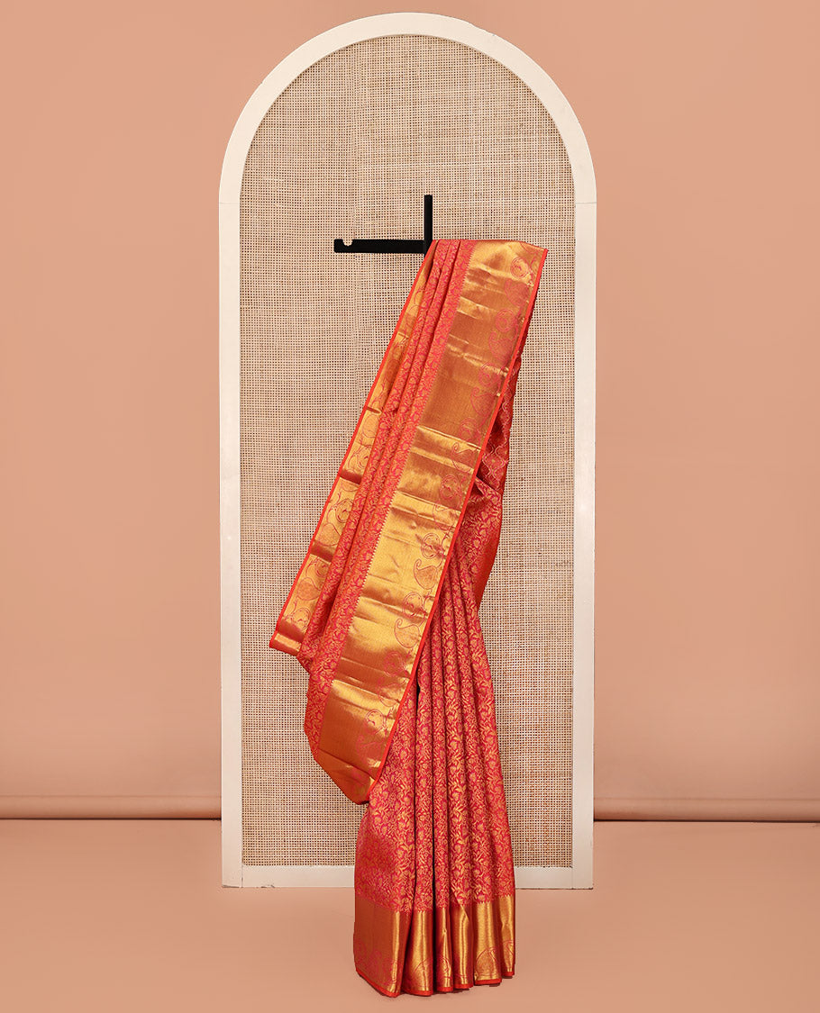 Orange Kanchipuram Wedding Silk Saree, Entralled with Jacquard Design On Its Body, Highlighted by Manga and Mayil Designs, Ogee Patterned Pallu and Paired with a Matching Blouse