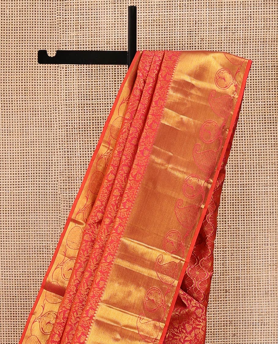 Orange Kanchipuram Wedding Silk Saree, Entralled with Jacquard Design On Its Body, Highlighted by Manga and Mayil Designs, Ogee Patterned Pallu and Paired with a Matching Blouse