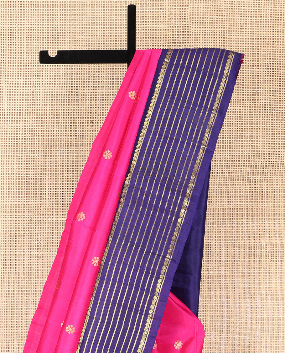Pink Kanchipuram Silk Saree, Decked Up with Zari Buttas on Its Body, Complemented by a Contrast One-Sided Korvai Border of Thilakam Mokku, and Banaras Designs, Pallu Steeped with Kamalam Zari Designs, and Comes Without a Blouse