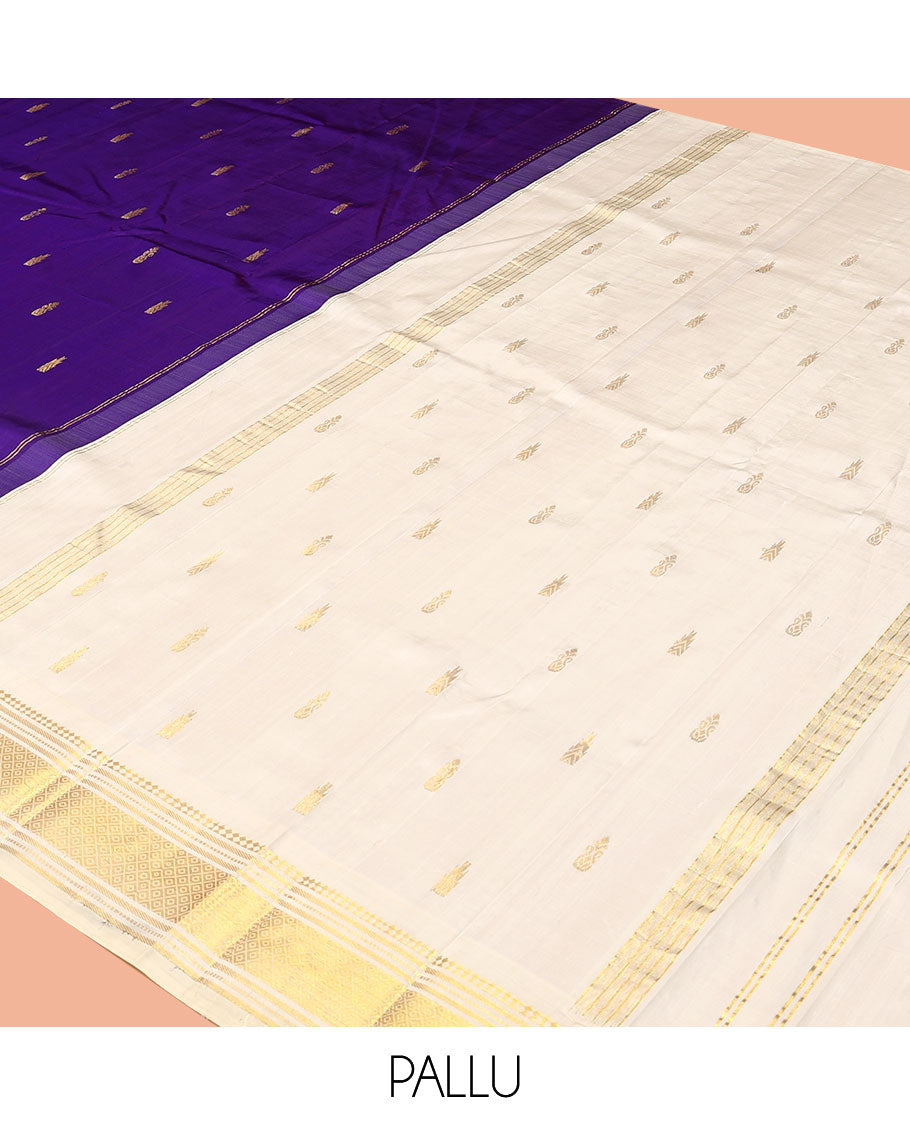 Violet Kanchipuram Silk Saree, Crafted with Zari Buttas, a One-Sided Border of Panner Sombu, Banaras, Muthu, and Mayil Kann Designs, a Zari Design Pallu, and No Blouse