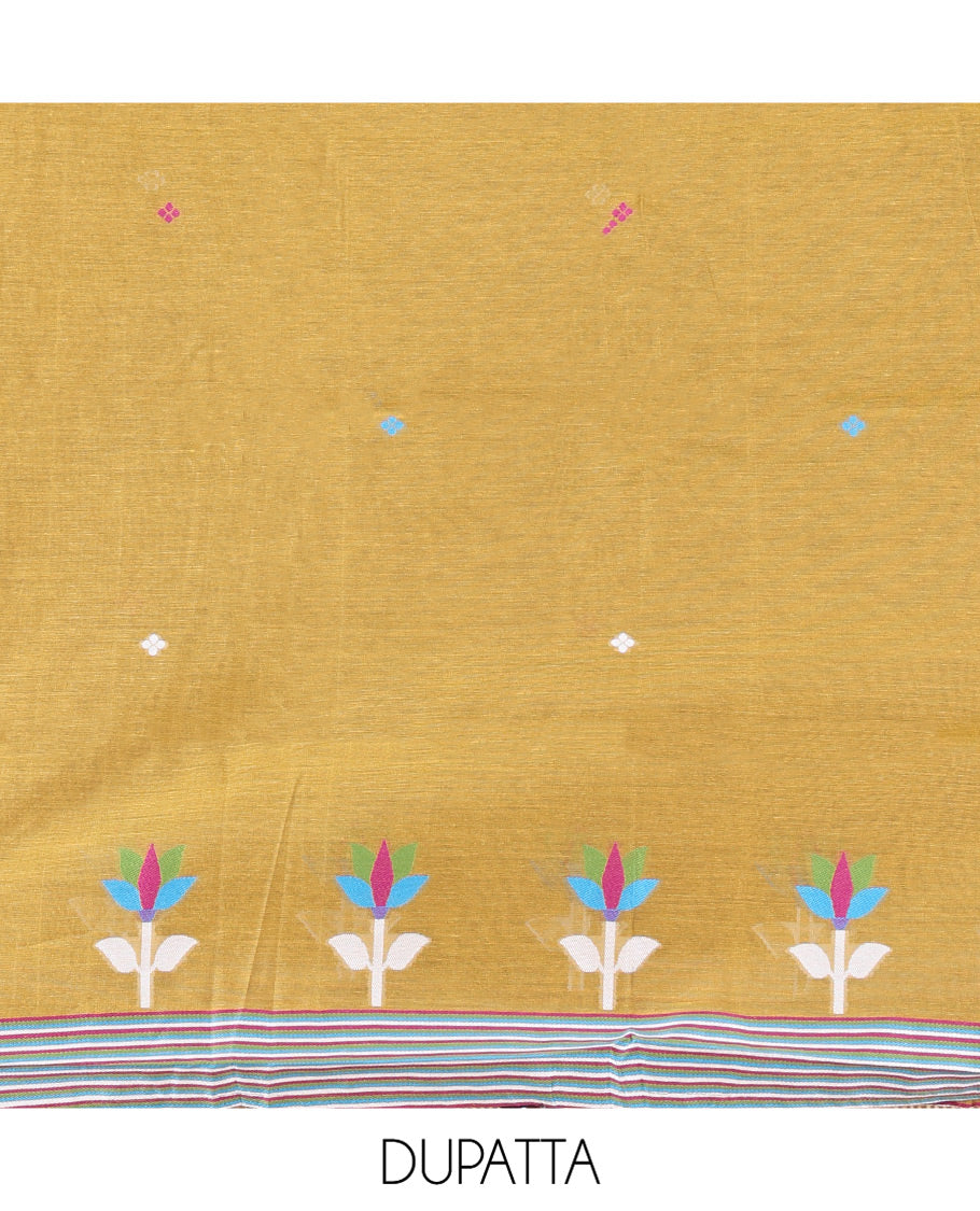 Mustard Yellow Mul Chanderi Material Churidar Features Jamdani-Style Meena Buttas Top, a Plain Bottom, and a Jamdani-Style Dupatta
