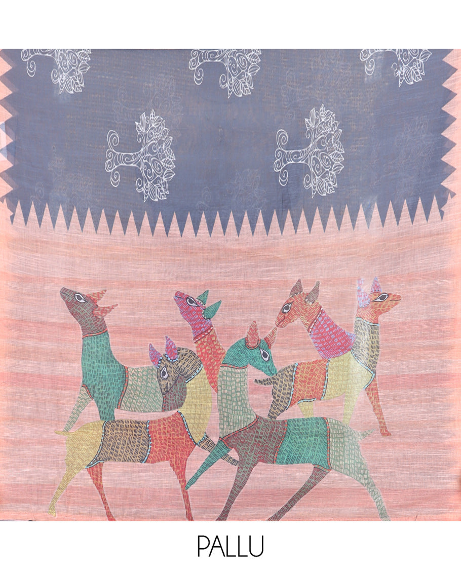Grey Linen Cotton Saree Features Tree Motifs, Contrast Temple Border, Animal Motif Pallu, Contrast Blouse