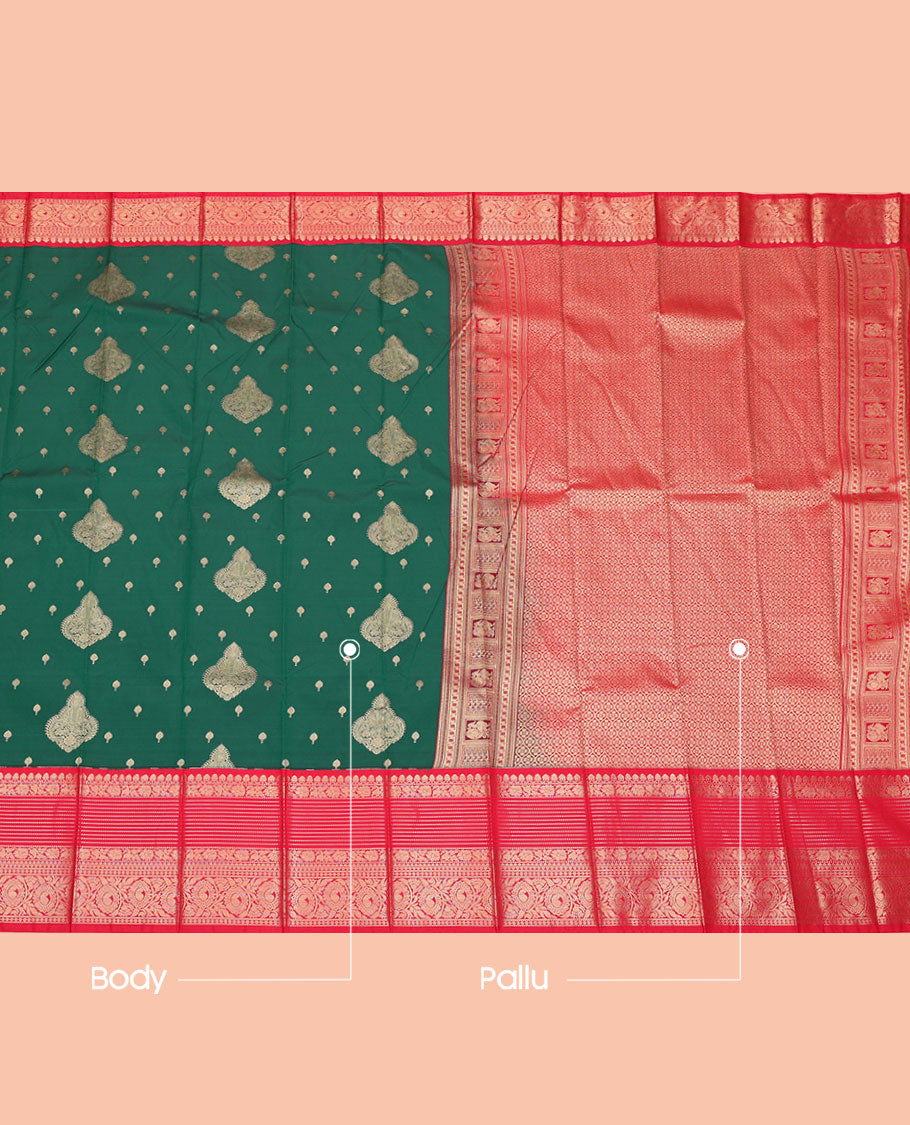 Green Budget Silk Saree, Bedecked with Zari Buttas, Complemented by a Contrast Traditional Zari Border, Pallu of Jaal Design, and a Contrast Blouse