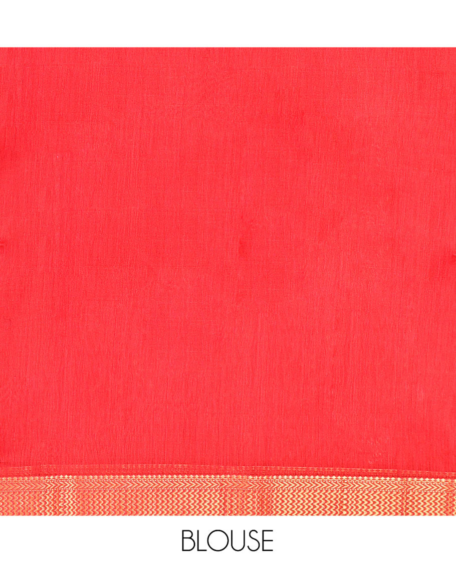 Red Maheshwari Cotton Saree, Accentuated with Diamond Stripes on Its Body, Highlighted by Zari Border of Chevron Designs, Gleaming Pallu Steeped with Zari Stripes, and Paired with a Matching Blouse