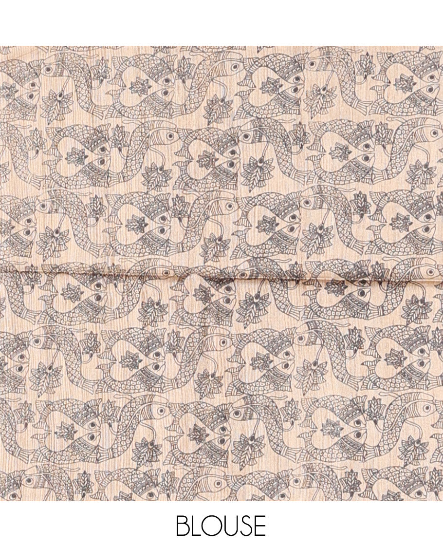 Brown Tussar Silk Saree, Impeccably Styled with Geometric Patterns, Complemented by a Contrast Fishes Printed Border, Printed Pallu, and a Contrast Blouse
