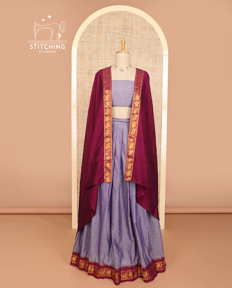 Lavender half saree with contrast elephant design borde, zari design blouse & plain, elephant design border dhavani
