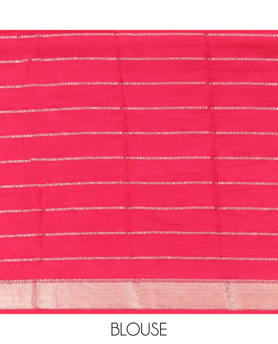 Orange Assam Silk Saree, Showcasing Zari Stripes, Complemented by Semi-Contrast Zari Border, Zari Woven Pallu, and Contrast Blouse