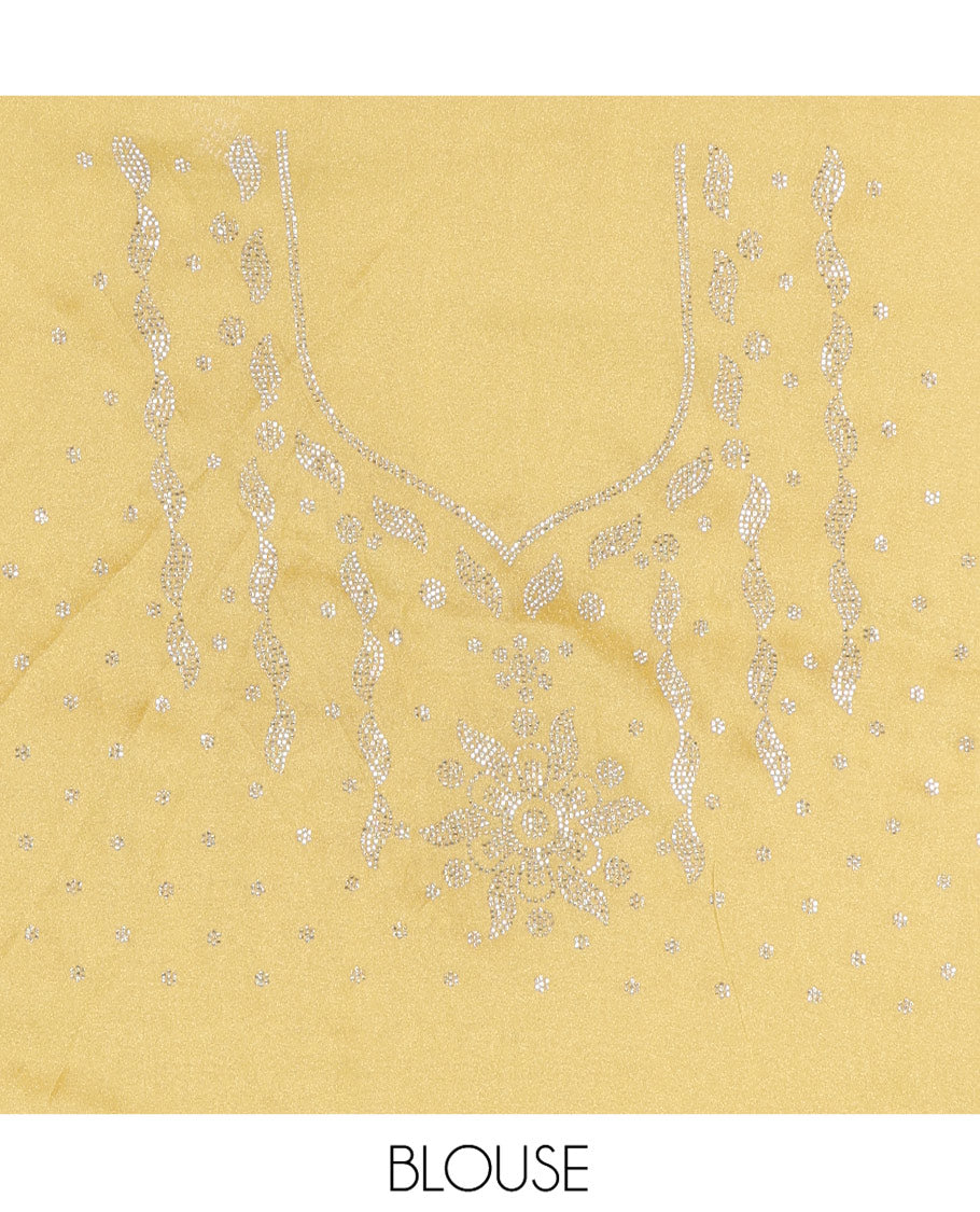 Pale Yellow Designer Saree, Mesmerized with Floral-Paisley Jaal Stone Work on Its Body, Highlighted by Scallop Stone Work Border, Pallu of Floral-Paisley Designs, and Paired with a Stone Work Matching Blouse