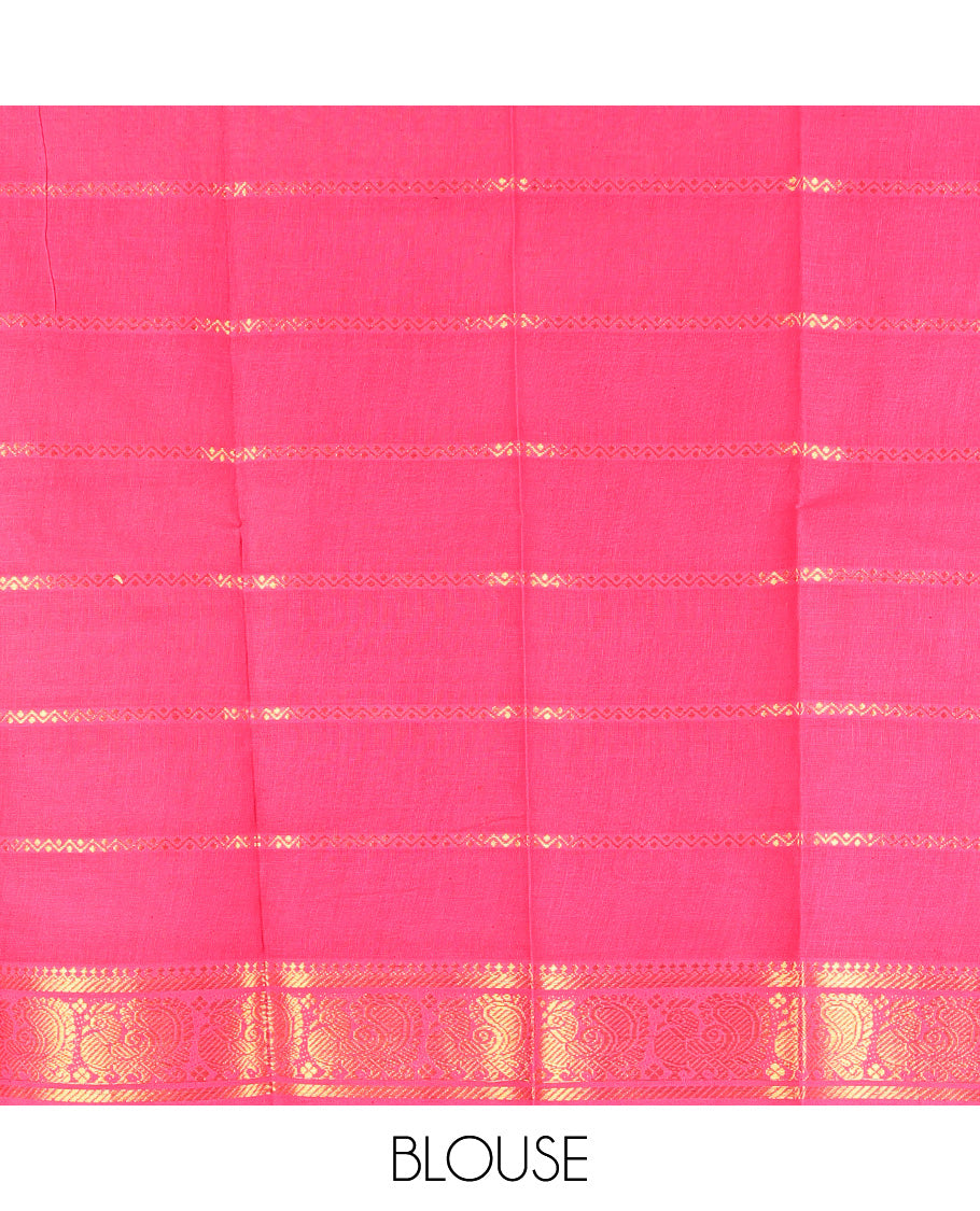 Green Sungudi Cotton Saree, Bedecked with Zari Buttas on Its Body, Complemented by a Contrast Retttai Pettu Traditional Zari Design Border, Zari-Design Pallu, and Paired with a Contrast Blouse