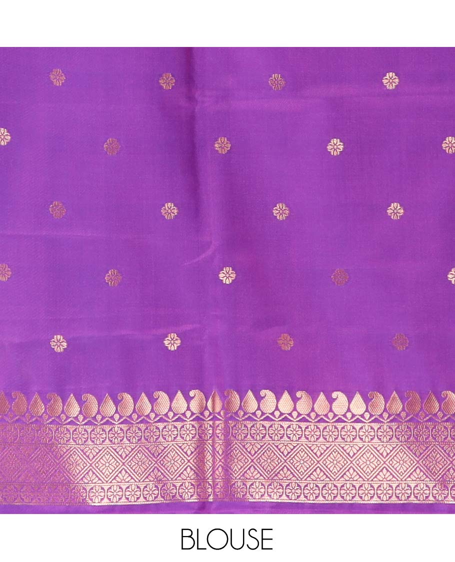 Purple Soft Silk Saree, Accentuated with Horse-Peacock Buttas, a Zari Border, Jaal Pallu, and a Matching Blouse
